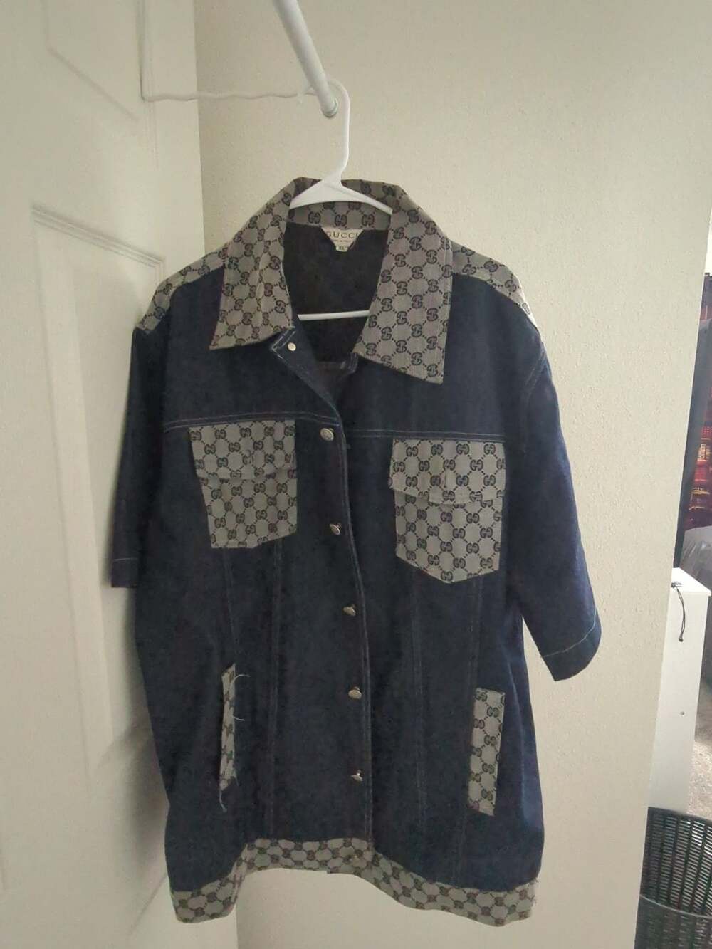 Gucci GG Denim Jacket Size XL Blue Monogram Trim Button Down